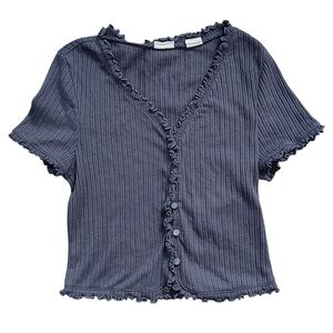 Levi's Ribbed Ruffle Crop Top Button Up T-Shirt Gray Size Medium Women's